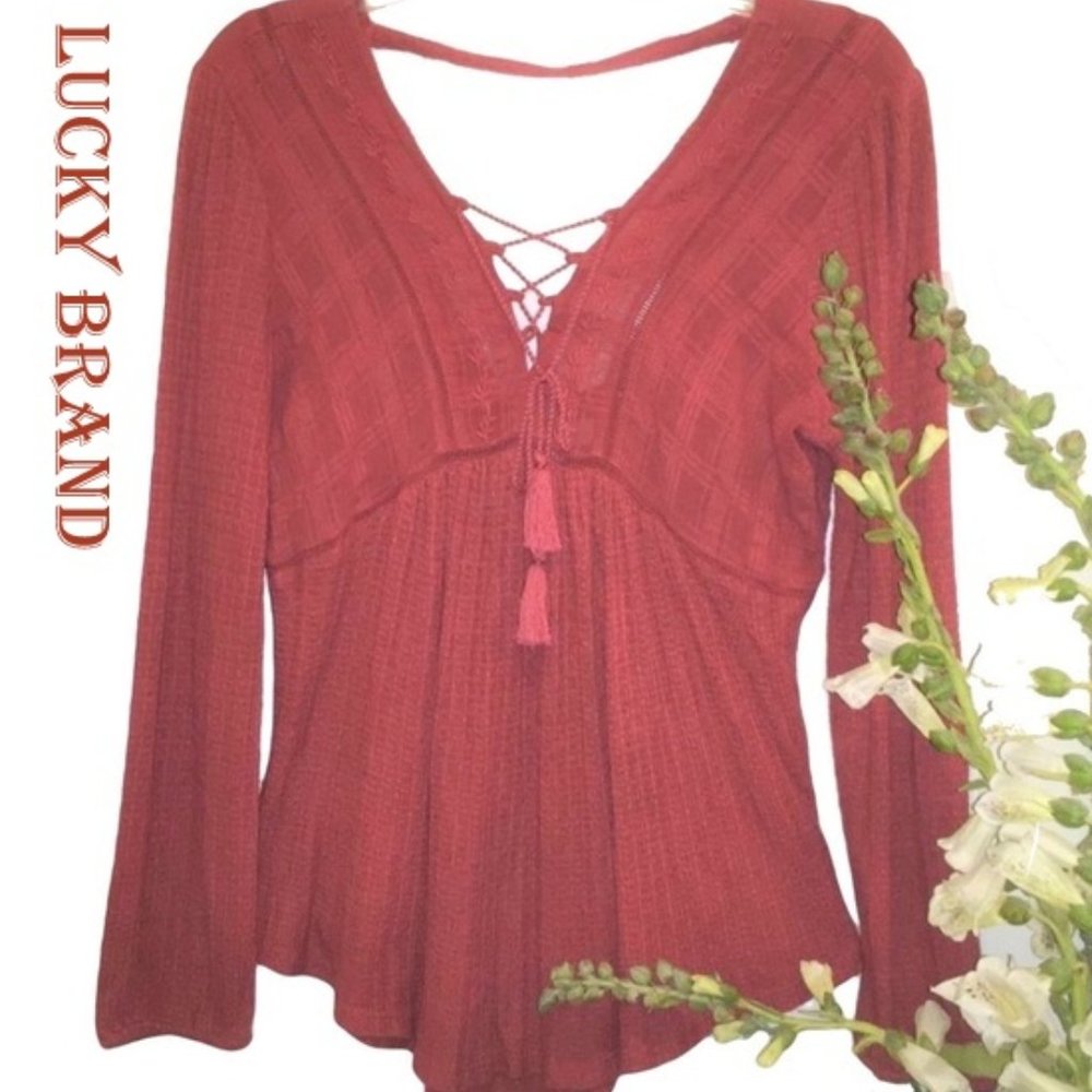 Lucky Brand Boho Peasant Blouse EUC with Tassel Tie Front Top